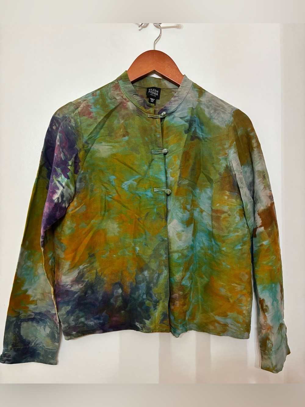 Eileen Fisher Women 100% Silk Tie-dye Mandarin Top Tunic